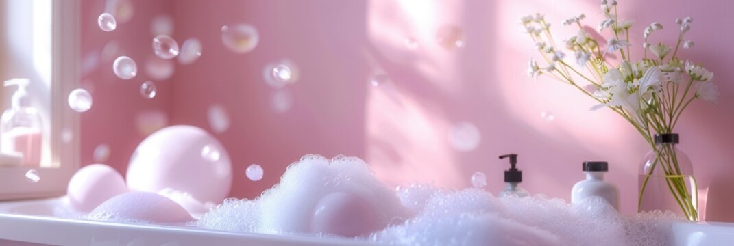 Bubbles float above a warm bath, catching soft sunlight, while beautiful flowers and bath essentials create a calming atmosphere. Generative AI