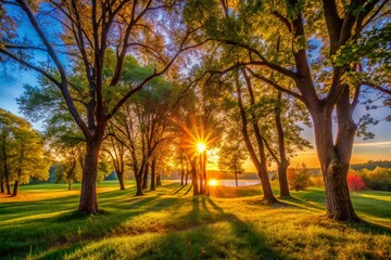 Obraz premium Tranquil Afternoon Light Shining Through Trees in a Peaceful Natural Landscape Setting