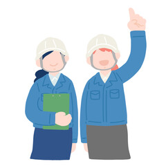 上を指さしながら見上げるヘルメットをかぶった作業服・スカートの女性2人のフラットなイラスト
