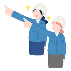 同じ方向を向いて斜め上を指さすヘルメットをかぶった作業服・スカートの女性2人のフラットなイラスト
