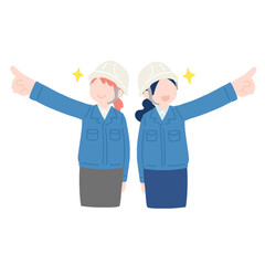 別の方向を向いて斜め上を指さすヘルメットをかぶった作業服・スカートの女性2人のフラットなイラスト
