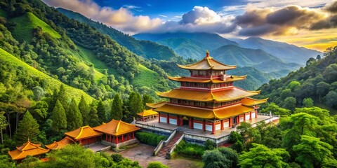 Tranquil Buddhist House of Worship Surrounded by Lush Greenery and Serene Natural Landscape