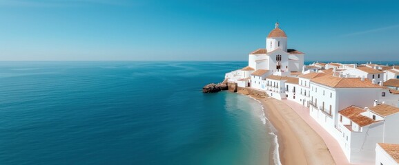 Naklejka premium Serene Coastal Village A Tranquil Escape by the Sea with Scenic Whitewashed Architecture