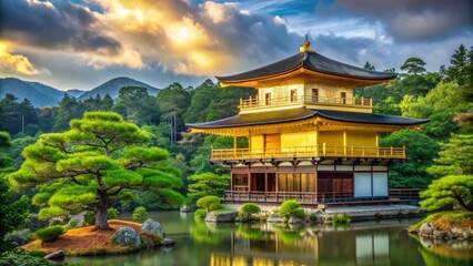 Obraz premium Tranquil golden pagoda surrounded by lush greenery in Kyoto, Japan during a sunny day in spring