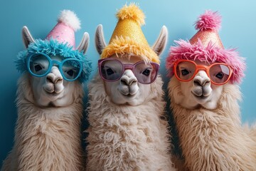 Lively birthday party scene with funny, cute llamas wearing colorful hats and surrounded by balloons, cheerful and vibrant celebration
