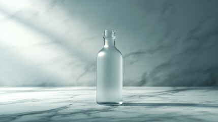 A frosted glass bottle on a marble surface with soft lighting.