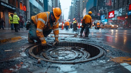 Construction Worker Fixing a Manhole Cover in a City Street