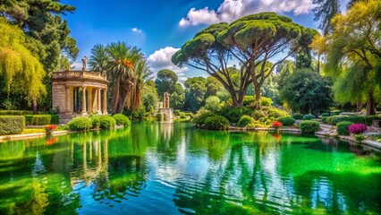 Obraz premium Tranquil Landscape of Villa Borghese Park in Rome with Lush Greenery and Serene Water Features