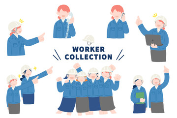 ヘルメット・作業服・スカートの女性[上半身]のフラットなイラスト(セット)
