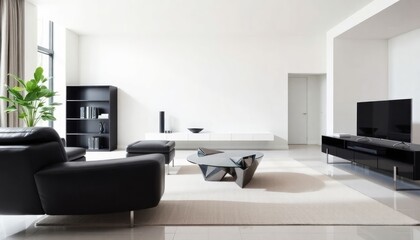 Minimalist living room with rare modular furniture, featuring soft white walls, black leather seating, and a unique, sculptural coffee table as the focal point.