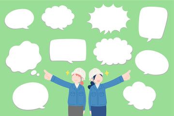 指をさすヘルメット・作業服・スカートの女性2人と吹き出しのフラットなイラスト(セット)
