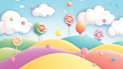 Children's fantasy world background with candy theme and colorful scheme of white clouds, rainbow colored hills, adorable candy, atmosphere concept that fits in children's imagination.