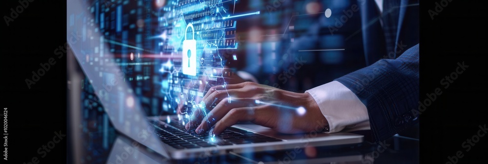 Poster a professional is focused on improving data security while using a laptop in a technology-driven wor