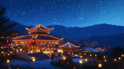 Fototapeta premium A scenic view of a temple adorned with lights and festive decorations under a starry sky during Dawali
