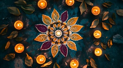 An overhead shot of a colorful Dawali rangoli with intricate floral patterns, surrounded by lit diyas