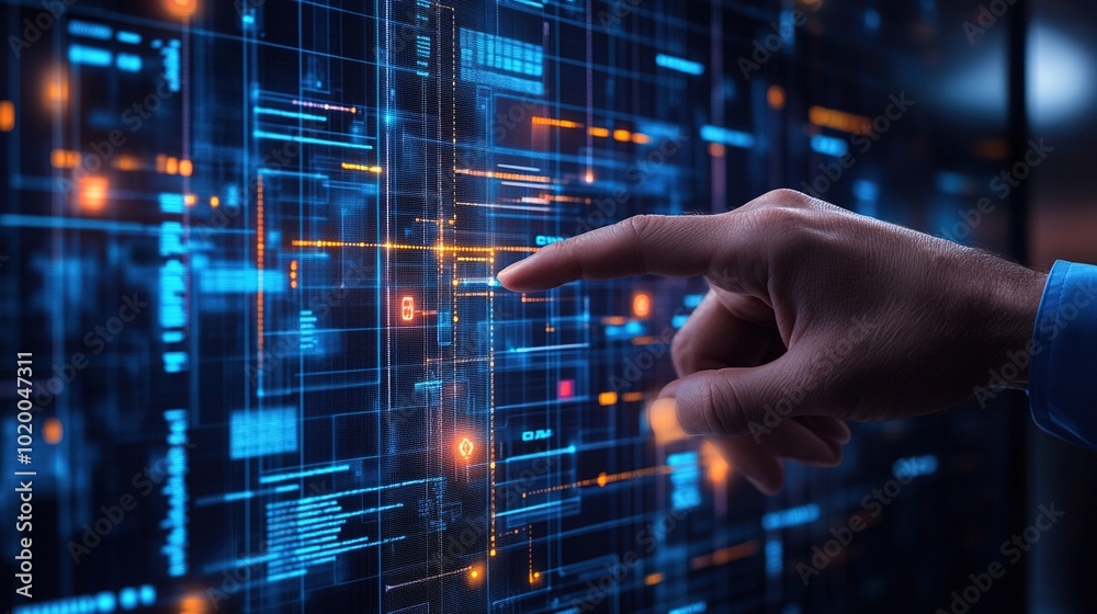 Poster hand touching digital interface with data patterns