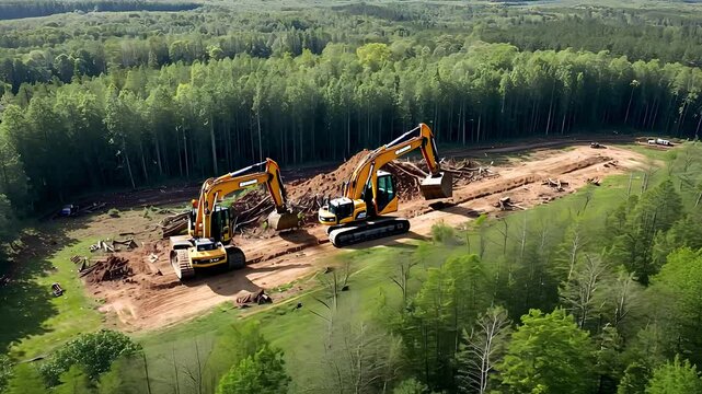 Heavy Excavators Clearing Land in Forest for Construction