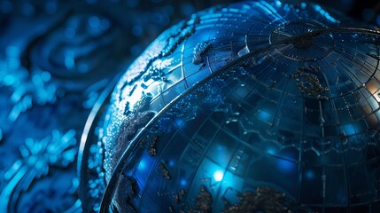 Abstract blue globe with glowing continents and light effects, representing global connectivity, technology, and digital networks – ideal for business, tech, or communication-themed designs.