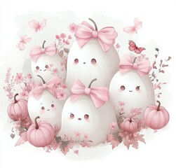 Charming illustration of cute ghostly figures in soft pink, surrounded by flowers and pumpkins, perfect for autumn themes.