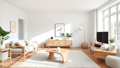Scandinavian living room with a focus on functionality, featuring soft white walls, light wood furniture, and a unique coffee table. The decor is simple and minimal, enhancing the clean look.