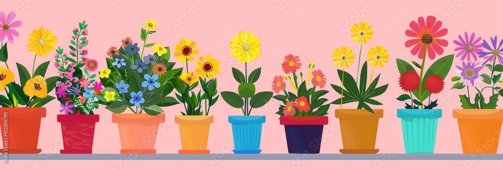 Poster brightly colored flowers in decorative pots are arranged neatly on a shelf, creating a cheerful and 