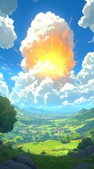 Fototapeta premium The landscape features rolling green hills and valleys bathed in warm light from a brilliant setting sun. Fluffy clouds encircle the sun, enhancing the tranquil atmosphere