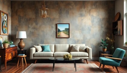 Vintage-inspired Mid-Century living room, showcasing a textured wall in earthy tones, a retro-style sofa, and decorative accessories that highlight the style�s rich history.