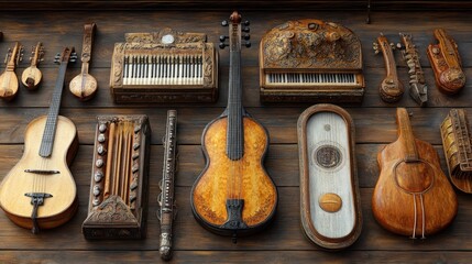 A collection of intricately designed wooden musical instruments.