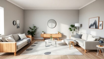 Living room with Scandinavian decor and a relaxed vibe, featuring soft gray walls, light wood furniture, and a large abstract rug. The decor is simple, focusing on comfort and functionality.