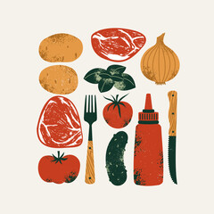 Various food ingredients collection. Raw meat with potato and tomato with cucumber and onion.