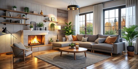 Fototapeta premium Cozy small living room showcases a corner fireplace, stylish furniture arrangement, and contemporary decor, creating an inviting space ideal for comfort and social gatherings.