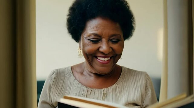 A 65-year-old black woman walks confidently in a cozy living room, carrying a photo album, as the camera slowly zooms in with dolly and fill light, creating a comfortable, homey establishing scene