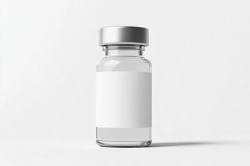 Clear glass vial with a silver cap and blank label, ideal for showcasing medicine or laboratory use.