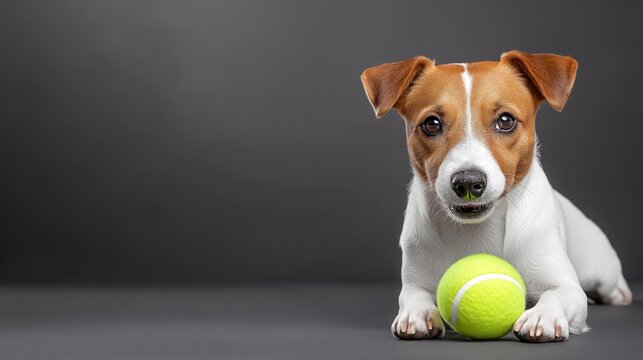 A Jack Russell Terrier lying down while holding a bright yellow tennis ball, staring playfully at the camera with big brown eyes against a dark grey background