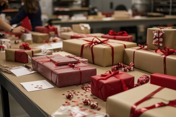 Gift Wrapping Station: A festive scene of a gift-wrapping station where shoppers are wrapping their Black Friday purchases. The table is covered with wrapping paper, ribbons, and gift tags, ready for 