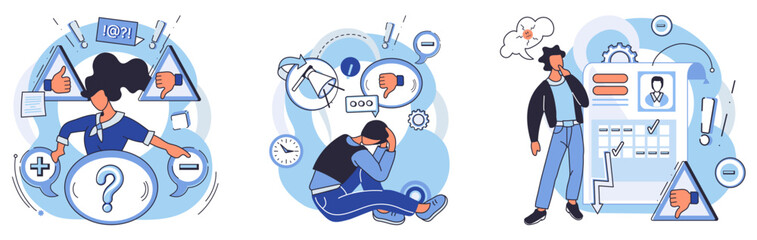 Critical thinking. People engaged in weighing options, feeling overwhelmed, and analyzing situations. Ideal for problem solving, decision making, stress management, situational analysis, and personal