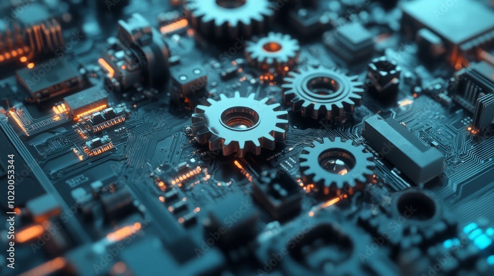 Poster a 3d rendering of gears intertwined with circuit boards, symbolizing the synergy between technology 