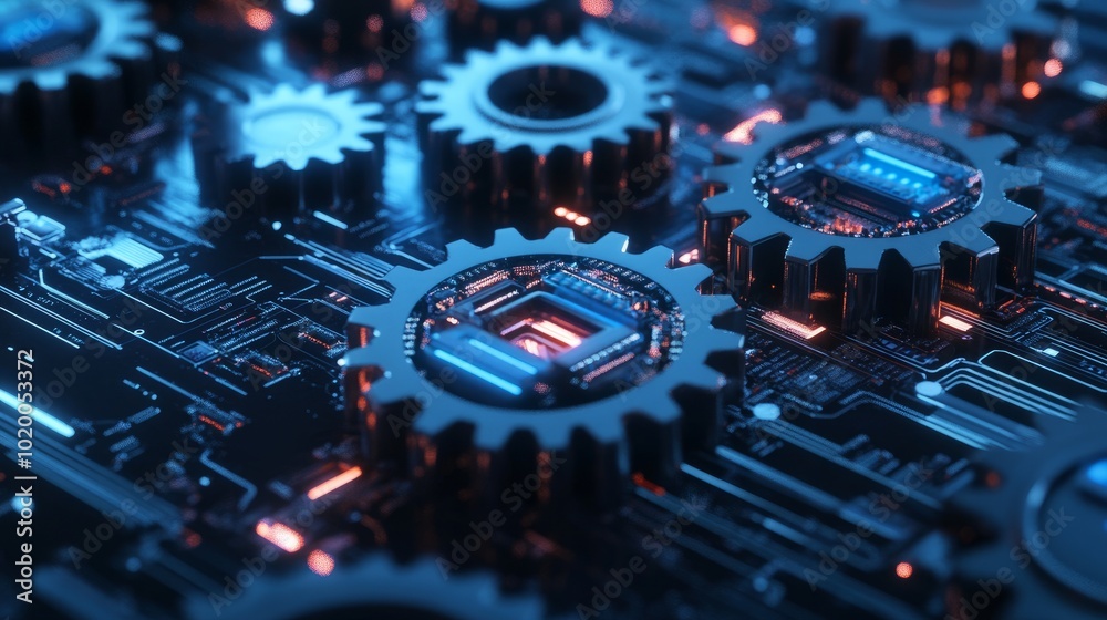 Poster a 3d rendering of gears intertwined with circuit boards, symbolizing the synergy between technology 