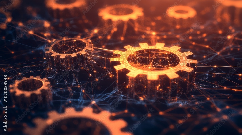 Poster a futuristic design of gears turning within a network of circuits, representing the synergy between 