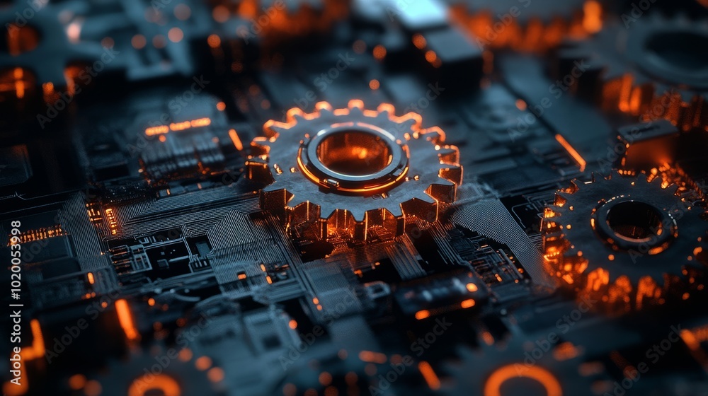Poster a futuristic design of gears turning within a network of circuits, representing the synergy between 
