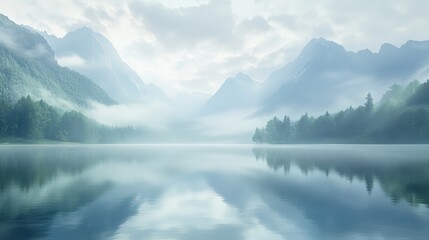 Fototapeta premium Misty mountains reflected in a still lake.