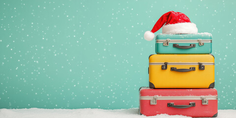 suitcase ready for holiday adventures amidst a snowy backdrop. Ideal for travel brochures, holiday greeting cards, or social media posts celebrating the spirit of the season!banner/web/design/flyer