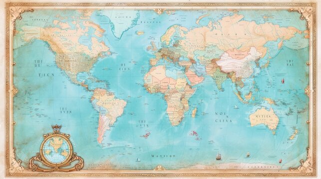 Vintage Map with Ornate Watercolor Border Design