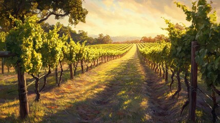 Naklejka premium Vineyard rows bathed in golden sunlight.