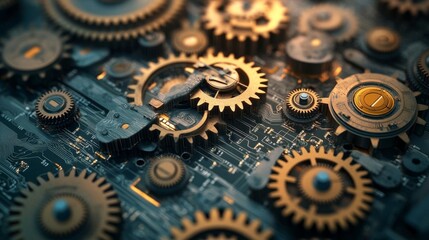 A visual blend of gears and computer circuits, illustrating the balance between mechanical processes and digital technology in business