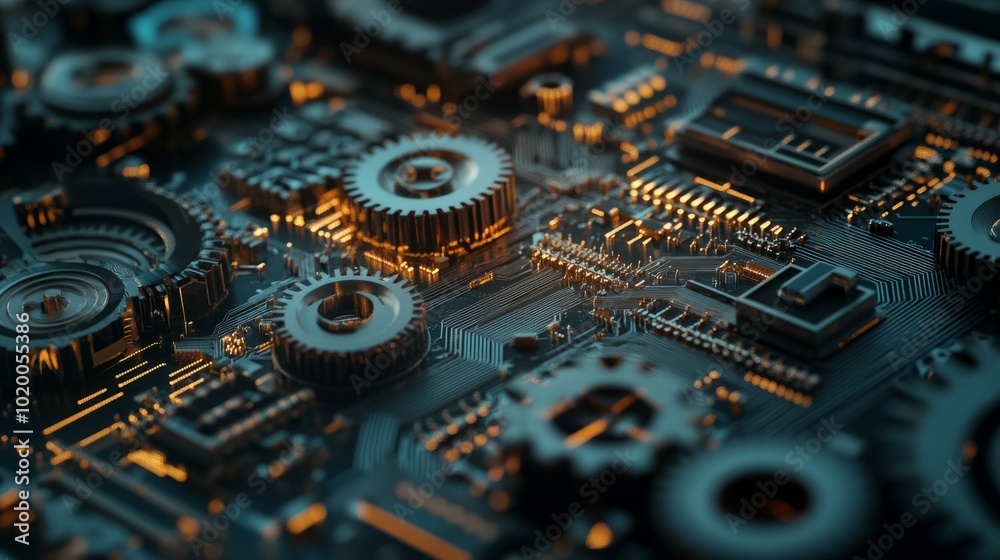 Poster a visual blend of gears and computer circuits, illustrating the balance between mechanical processes