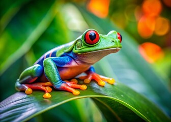 Naklejka premium Unusual and Colorful Frog Sitting on a Leaf in a Lush Tropical Environment of Nature's Wonderland