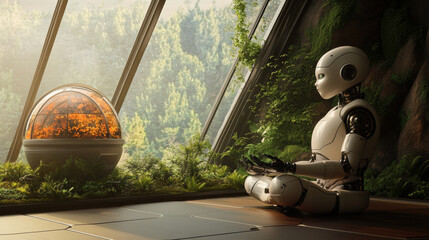 robot and person meditate together in serene environment, surrounded by lush greenery and natural light. This peaceful scene emphasizes harmony between technology and nature