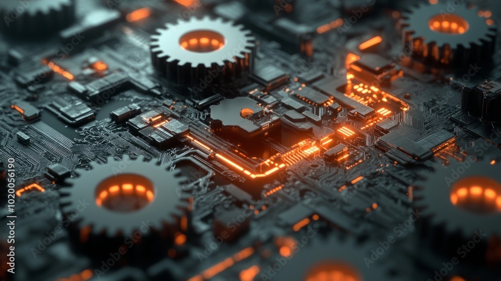 Poster digital gears blending with computer circuitry, symbolizing seamless collaboration between business 