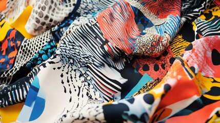 Layered chaotic prints with overlapping designs in vibrant colors